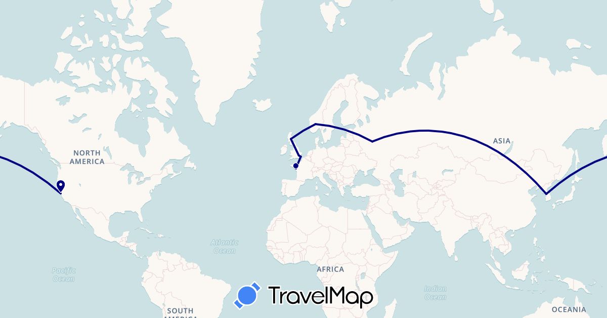 TravelMap itinerary: driving in France, United Kingdom, South Korea, Norway, Russia, United States (Asia, Europe, North America)